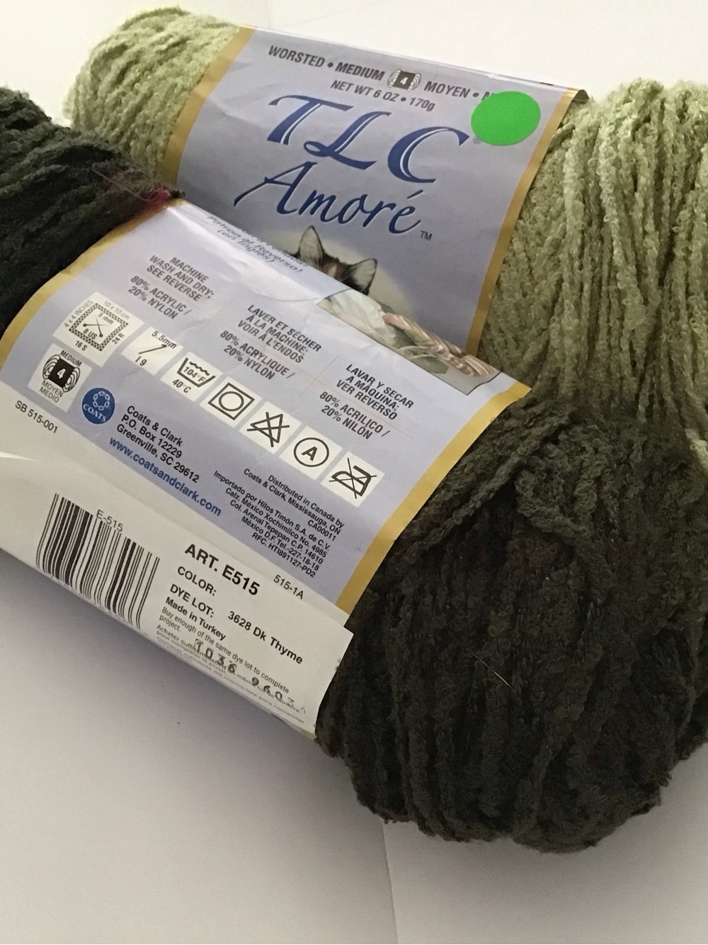 TLC Amore Boucle Yarn - 2 Skeins - 1 Thyme Green/1 Celery 6oz each
